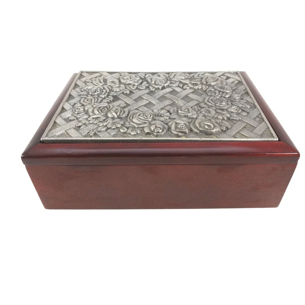 Vintage Style Wood Jewelry Box Silver Tone Rose Pewter Floral Embossed Lid